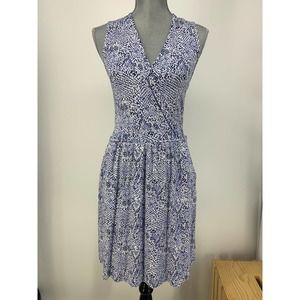 Tart Women’s S Blue White Surplice V-Neck Dress Pockets Elastic Waistband Cutout